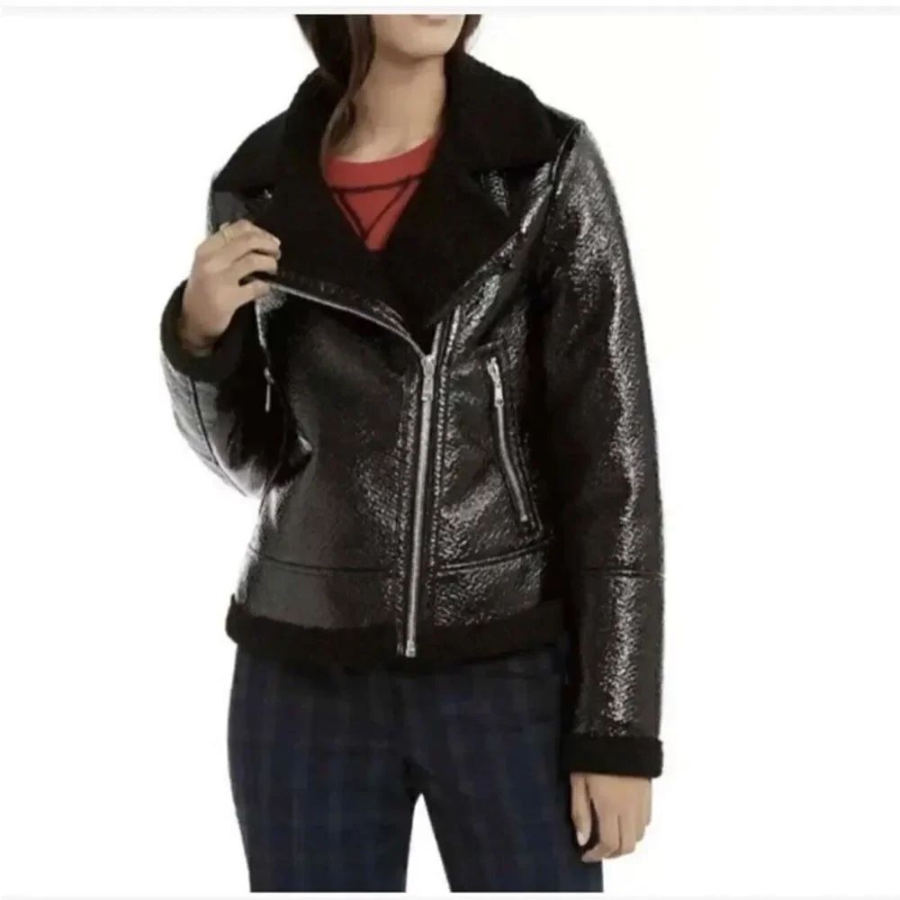 TommyâHilfiger Black Faux Patent Leather Sherpa Lined Motto Jacket SizeâXS